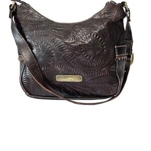 American West Tooled Leather Hobo Bag Womens Medium Brown Good Floral Studded